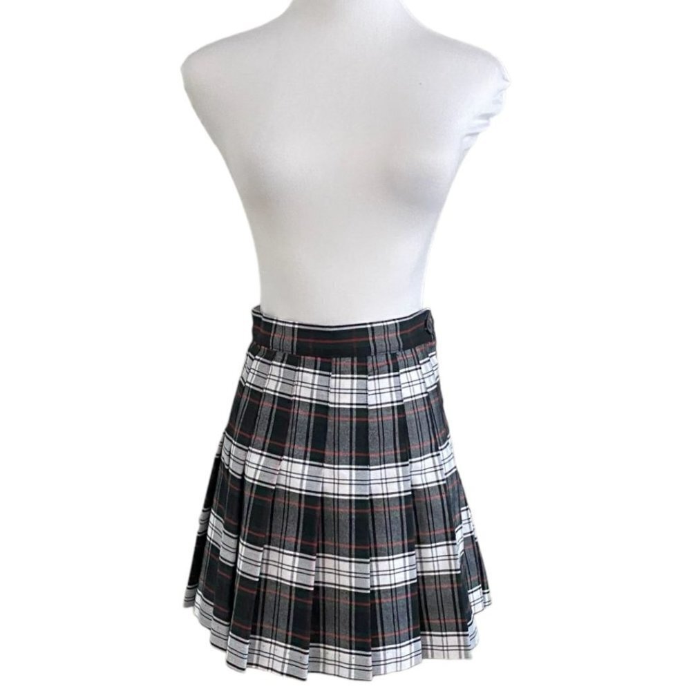 AMERICAN APPAREL BLACK WHITE RED PLAID HIGH RISE MINI PLEATED SKATER SKIRT - XS